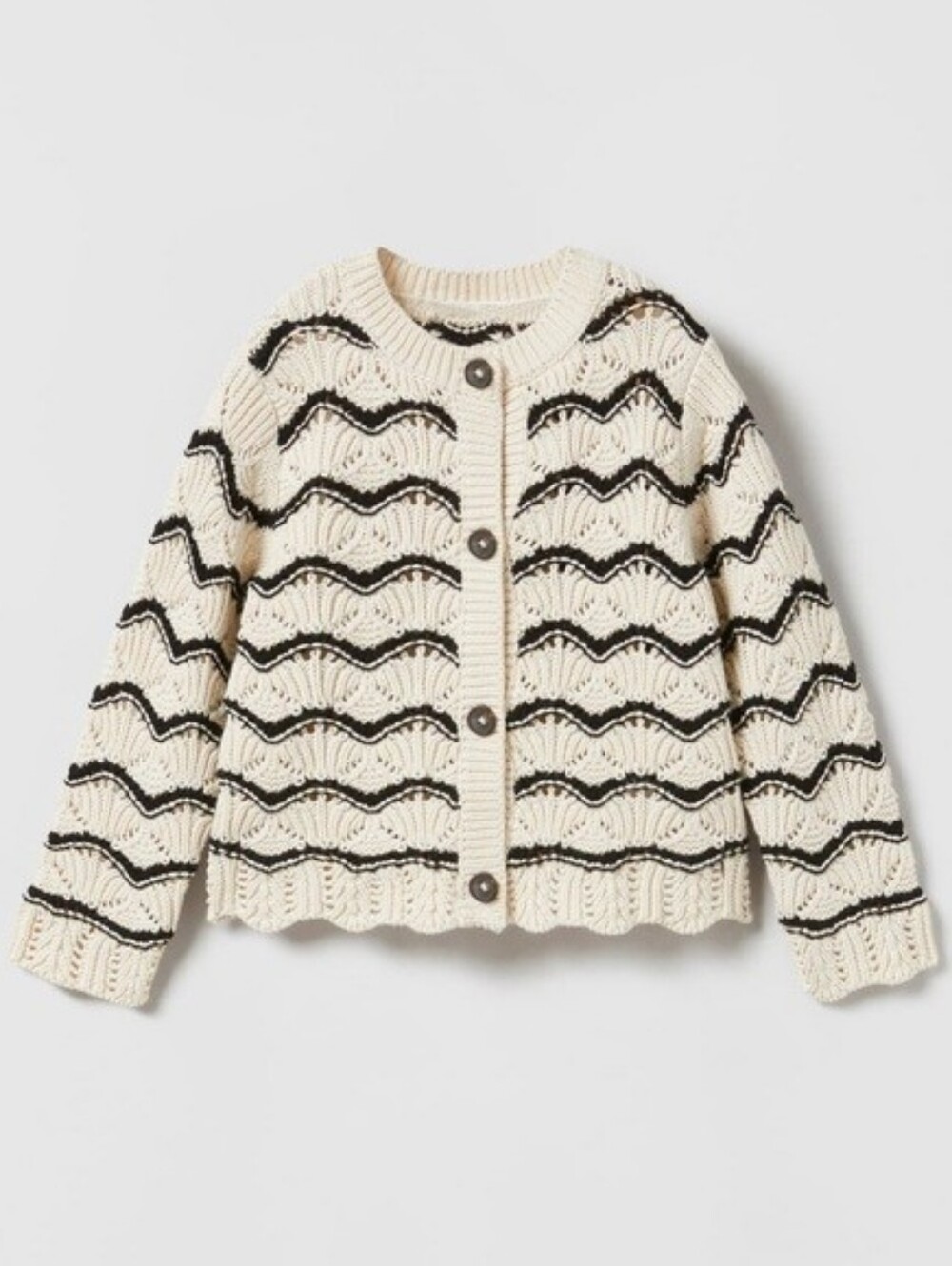 Cream Knit Cardigan with Navy Blue Wave Stripes - 2 - 3T